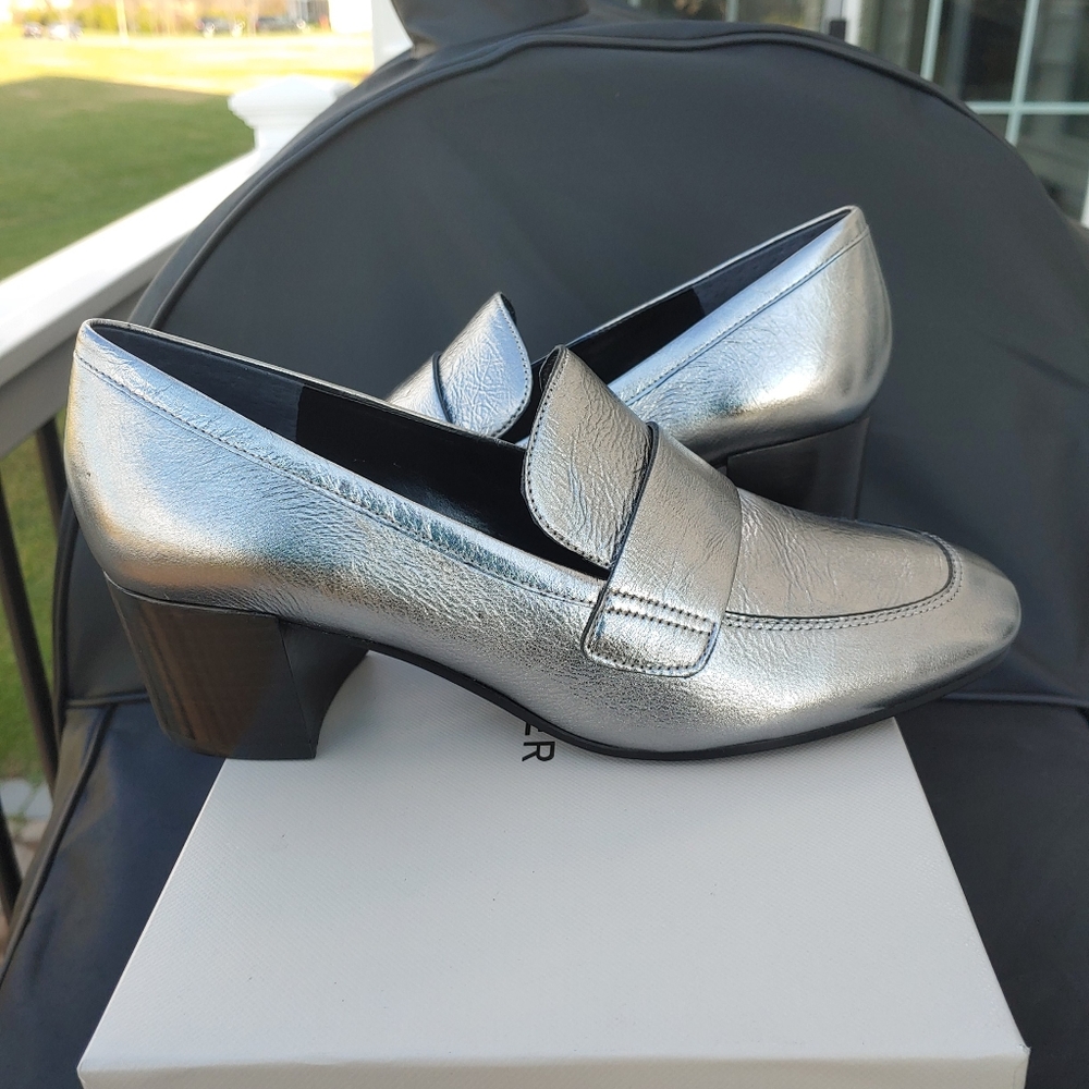 MARC FISHER LTD Leather Hudson Silver Loafers, 7.5